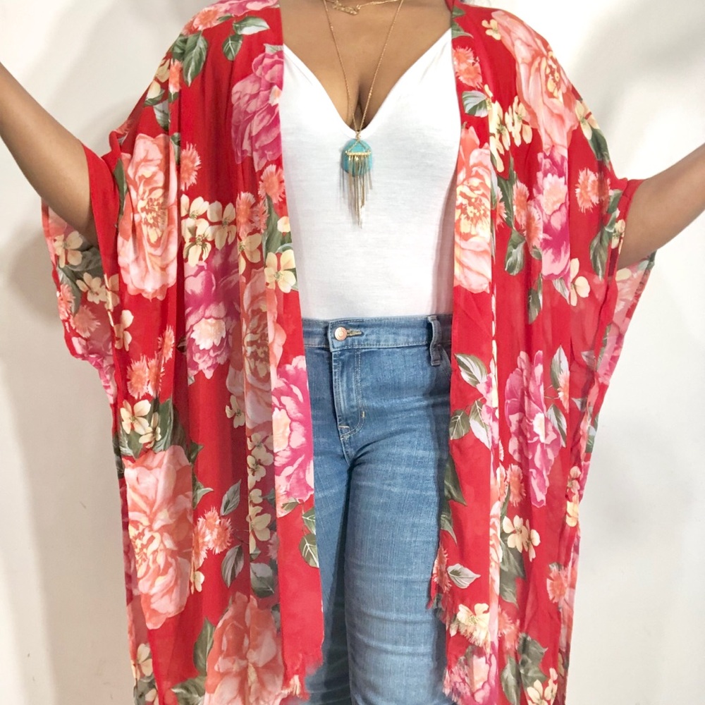 Sheer Floral Print Open Front Raw Edge Kimono - Picture 3 of 8